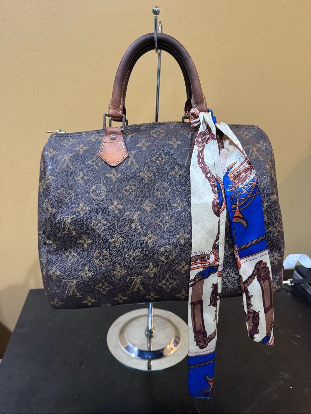 Louis Vuitton Speedy 30 Monogram Satchel with Blue & Cream Scarf COA